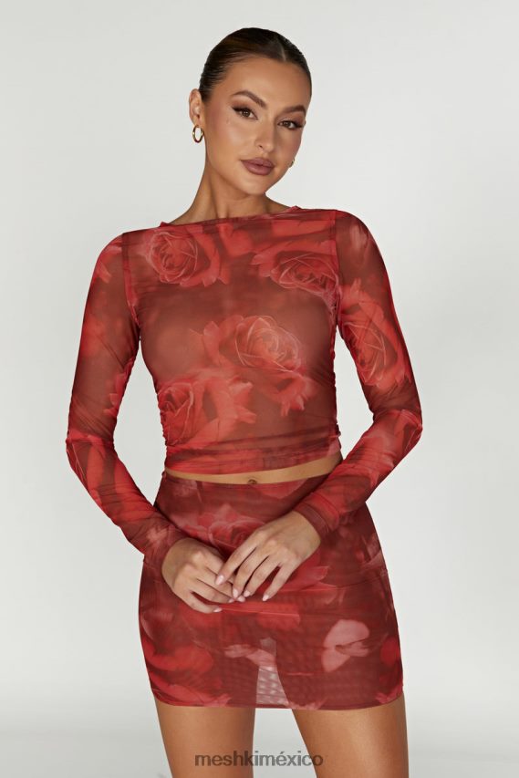 Meshki top de manga larga de malla blaine estampado de rosas de gran tamaño ropa H48F8H1018