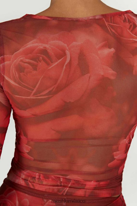 Meshki top de manga larga de malla blaine estampado de rosas de gran tamaño ropa H48F8H1018
