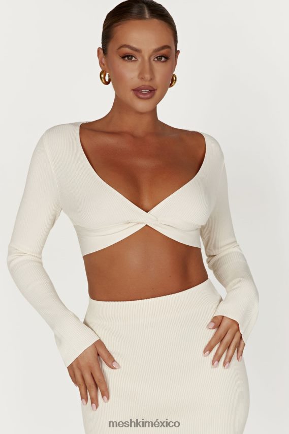 Meshki top de punto de manga larga con parte delantera retorcida Kaesha hueso ropa H48F8H970