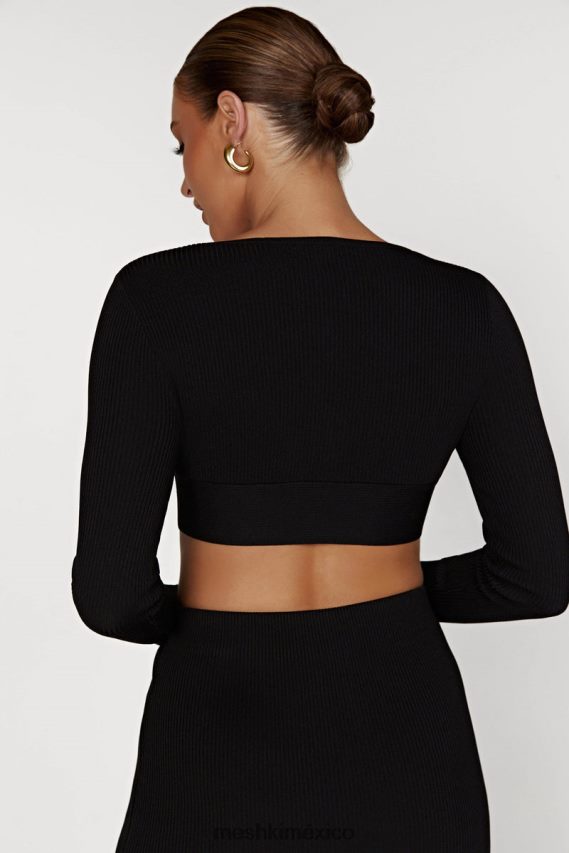 Meshki top de punto de manga larga con parte delantera retorcida Kaesha negro ropa H48F8H903