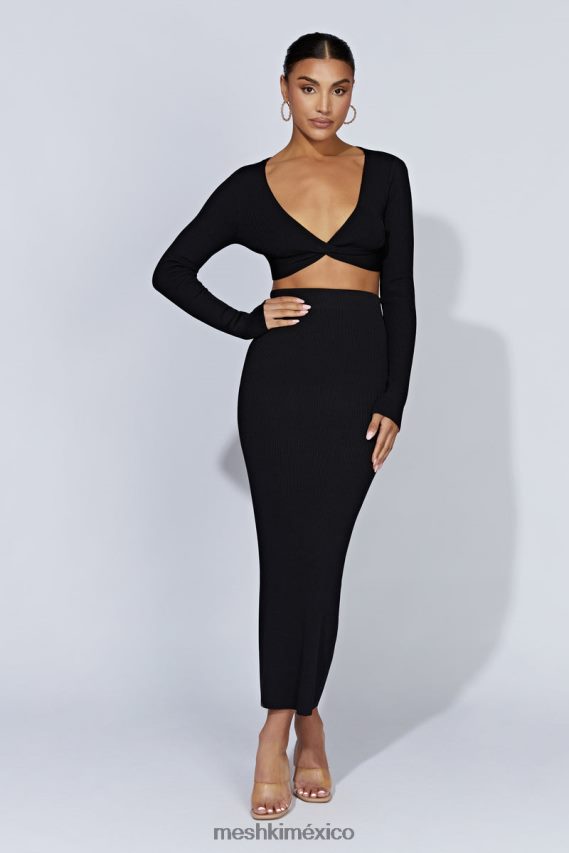 Meshki top de punto de manga larga con parte delantera retorcida Kaesha negro ropa H48F8H903