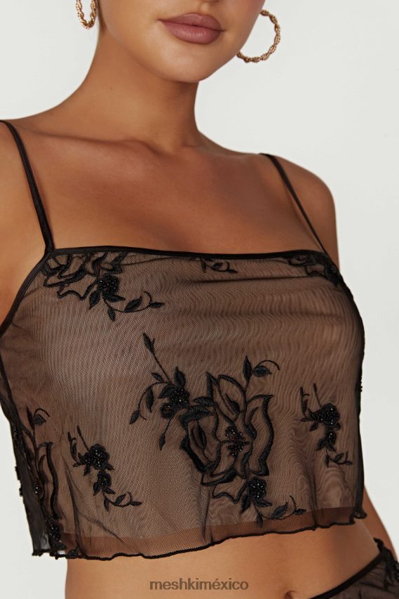 Meshki top de tirantes de malla con bordado xena negro ropa H48F8H888