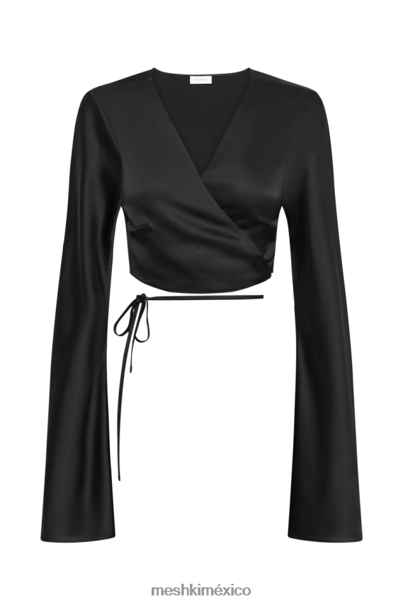 Meshki top elaine de satén de manga larga negro ropa H48F8H850