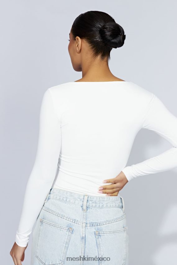 Meshki top jaspeado de manga larga con escote redondo blanco ropa H48F8H947