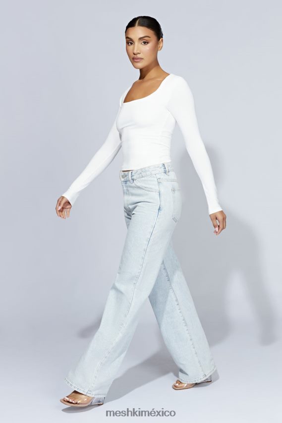 Meshki top jaspeado de manga larga con escote redondo blanco ropa H48F8H947