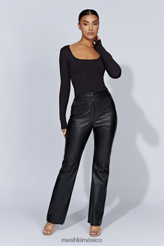 Meshki top jaspeado de manga larga con escote redondo negro ropa H48F8H940