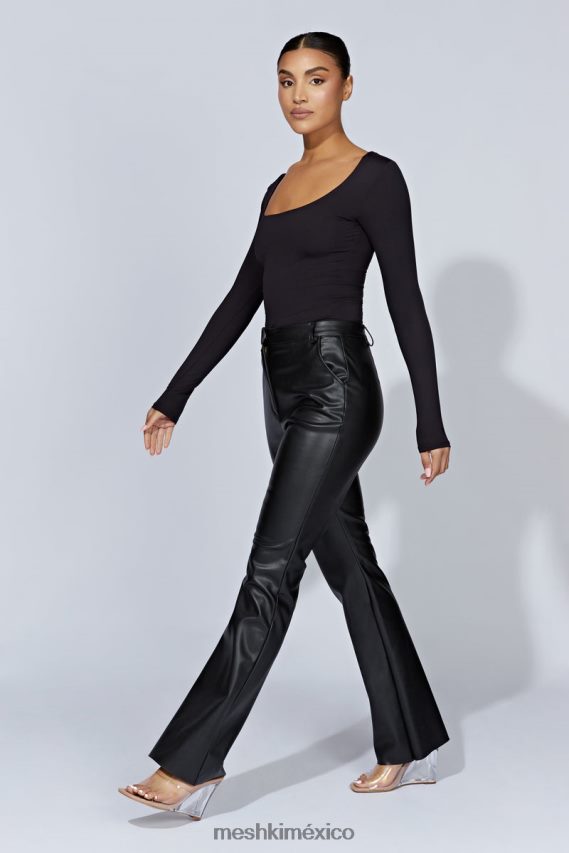 Meshki top jaspeado de manga larga con escote redondo negro ropa H48F8H940