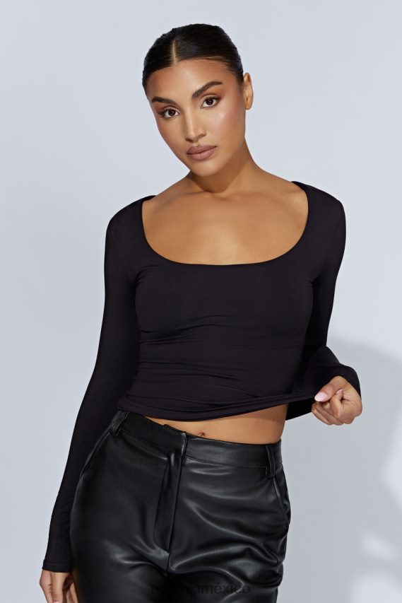 Meshki top jaspeado de manga larga con escote redondo negro ropa H48F8H940