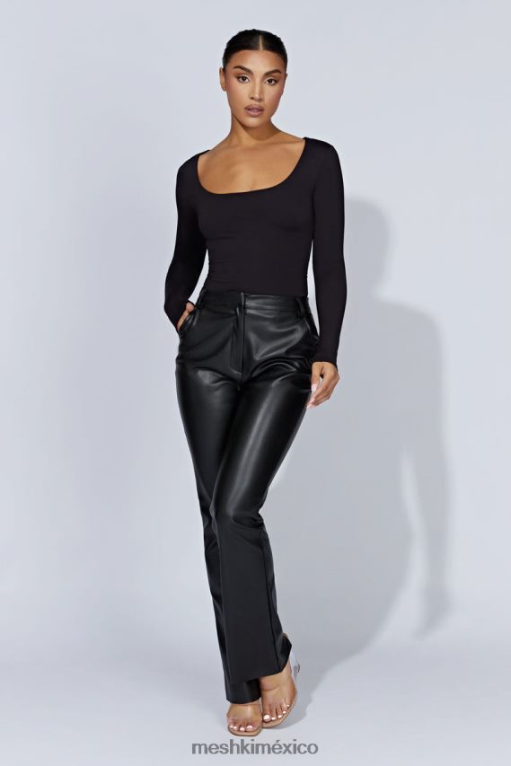 Meshki top jaspeado de manga larga con escote redondo negro ropa H48F8H940