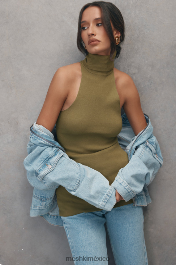 Meshki top sin mangas con cuello alto Kelsea aceituna ropa H48F8H873
