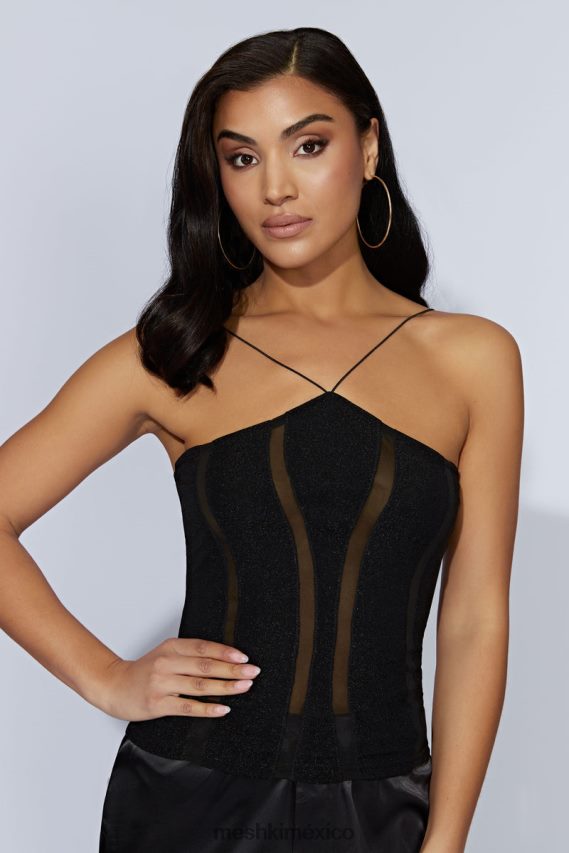 Meshki top sin mangas con paneles de chantal negro ropa H48F8H1113