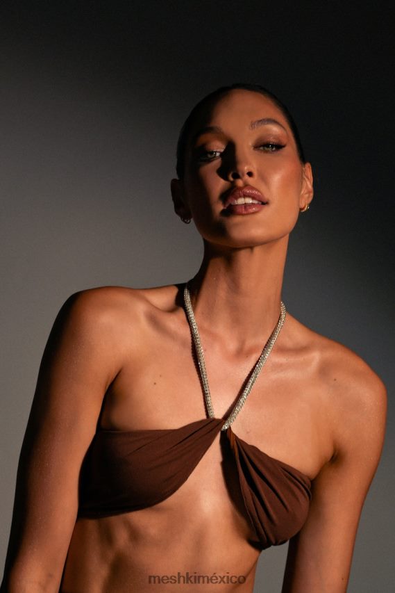 Meshki Top corto con cuello halter y cadena de diamantes Lea chocolate ropa H48F8H1117