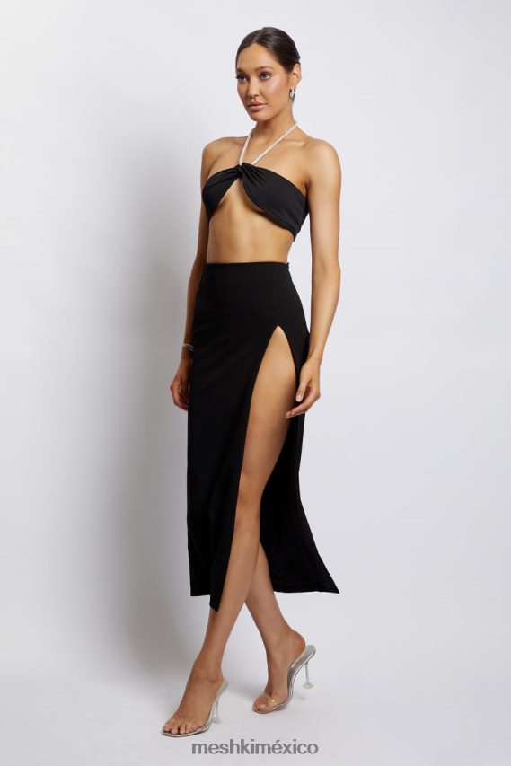 Meshki Top corto con cuello halter y cadena de diamantes Lea negro ropa H48F8H1132