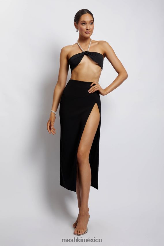 Meshki Top corto con cuello halter y cadena de diamantes Lea negro ropa H48F8H1132