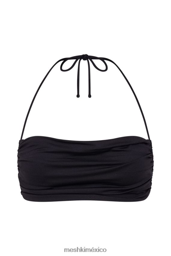 Meshki top corto con cuello halter fruncido color ámbar negro ropa H48F8H1151