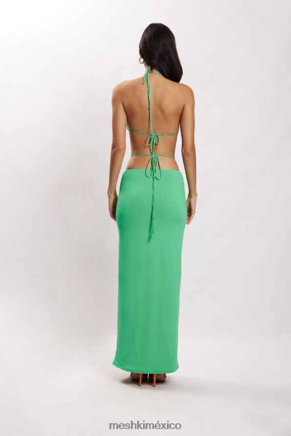 Meshki top corto con cuello halter fruncido color ámbar verde ropa H48F8H1200