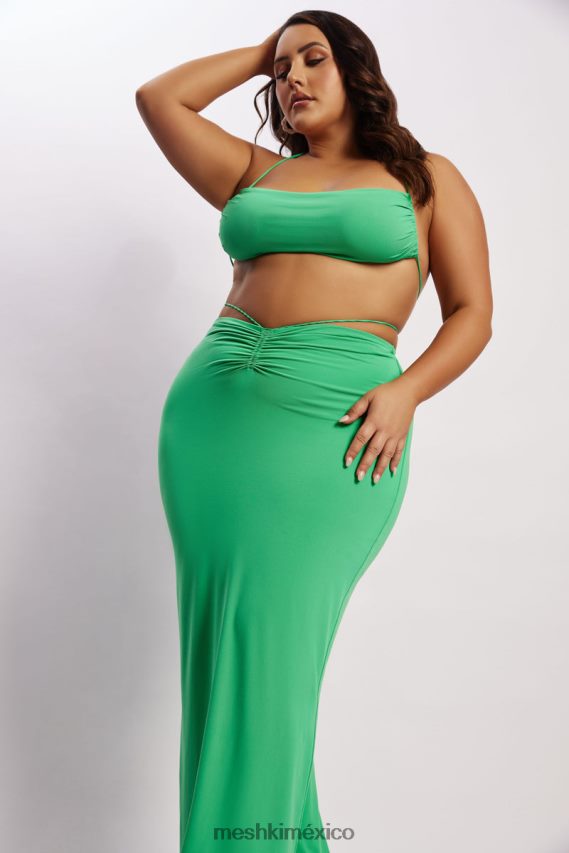 Meshki top corto con cuello halter fruncido color ámbar verde ropa H48F8H1200