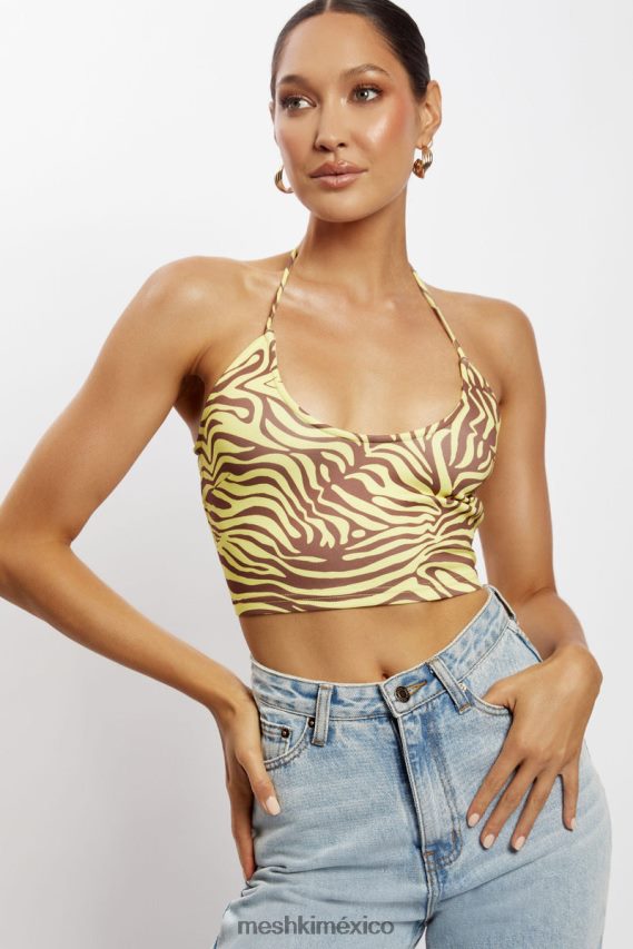 Meshki top corto con cuello halter joelle estampado de cebra ropa H48F8H1154