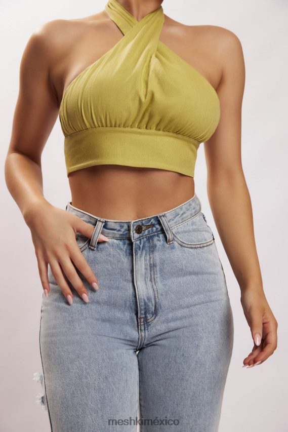 Meshki top corto de lino con cuello halter piper manzana ropa H48F8H1128