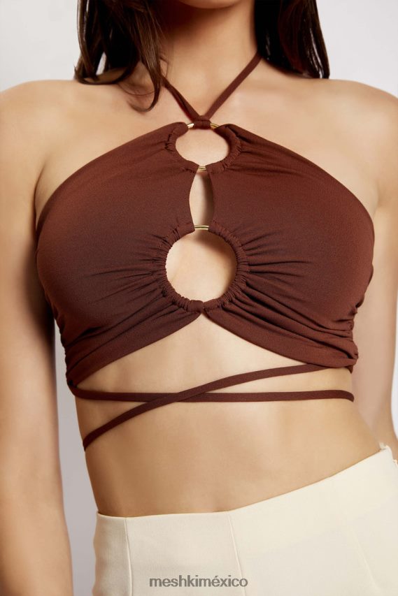 Meshki top corto sabrina fruncido con cuello halter chocolate ropa H48F8H1169