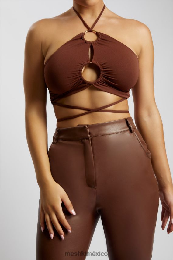 Meshki top corto sabrina fruncido con cuello halter chocolate ropa H48F8H1169