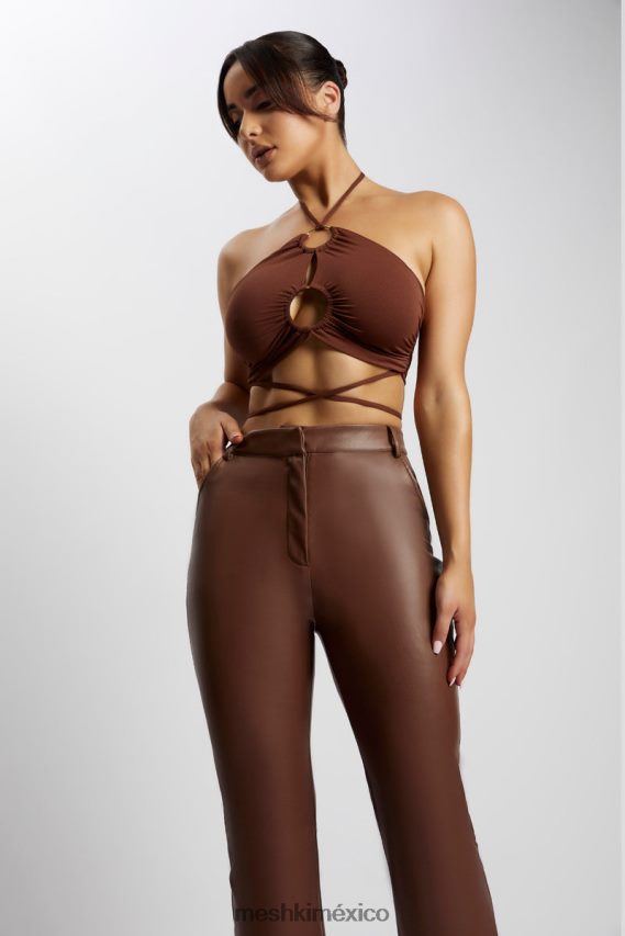 Meshki top corto sabrina fruncido con cuello halter chocolate ropa H48F8H1169