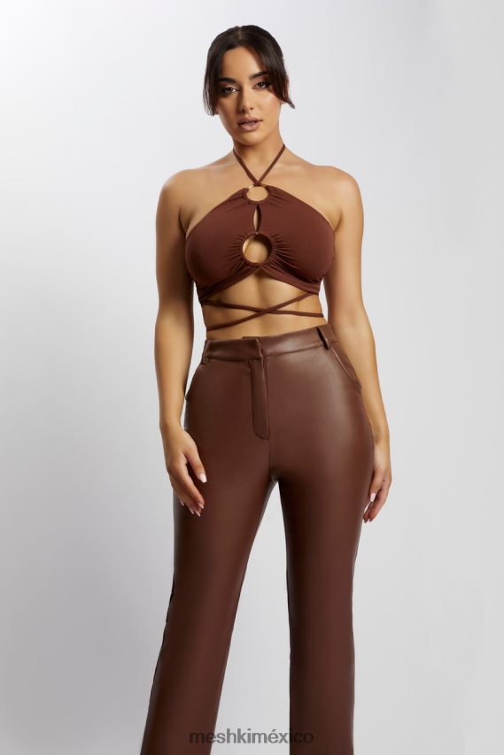 Meshki top corto sabrina fruncido con cuello halter chocolate ropa H48F8H1169