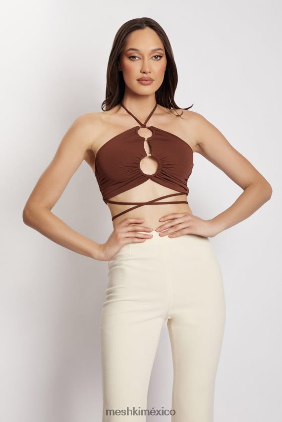 Meshki top corto sabrina fruncido con cuello halter chocolate ropa H48F8H1169