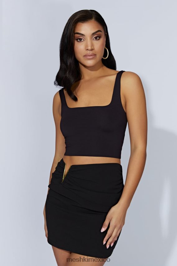 Meshki top corto sara con cuello cuadrado negro ropa H48F8H1167