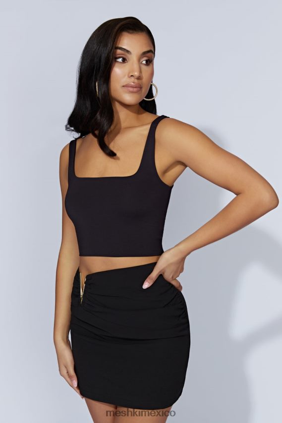 Meshki top corto sara con cuello cuadrado negro ropa H48F8H1167