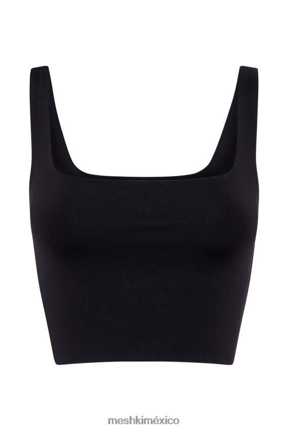 Meshki top corto sara con cuello cuadrado negro ropa H48F8H1167