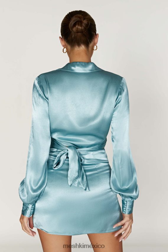 Meshki camisa cruzada de satén amia azul pálido ropa H48F8H1037