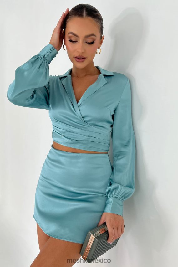 Meshki camisa cruzada de satén amia azul pálido ropa H48F8H1037