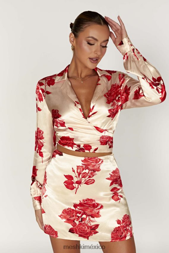 Meshki camisa cruzada de satén amia estampado de rosas ropa H48F8H911