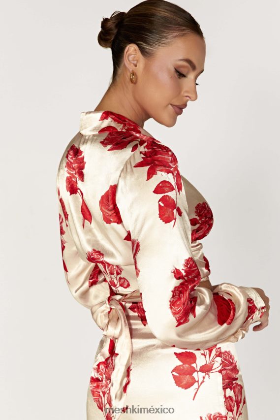 Meshki camisa cruzada de satén amia estampado de rosas ropa H48F8H911