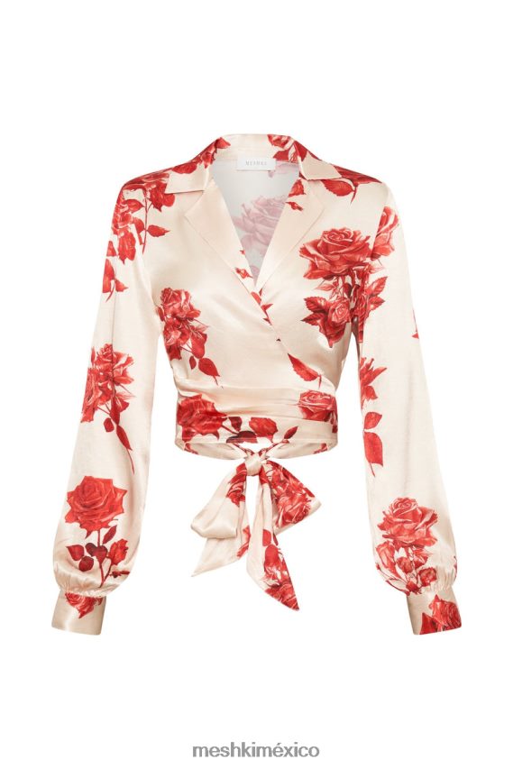 Meshki camisa cruzada de satén amia estampado de rosas ropa H48F8H911